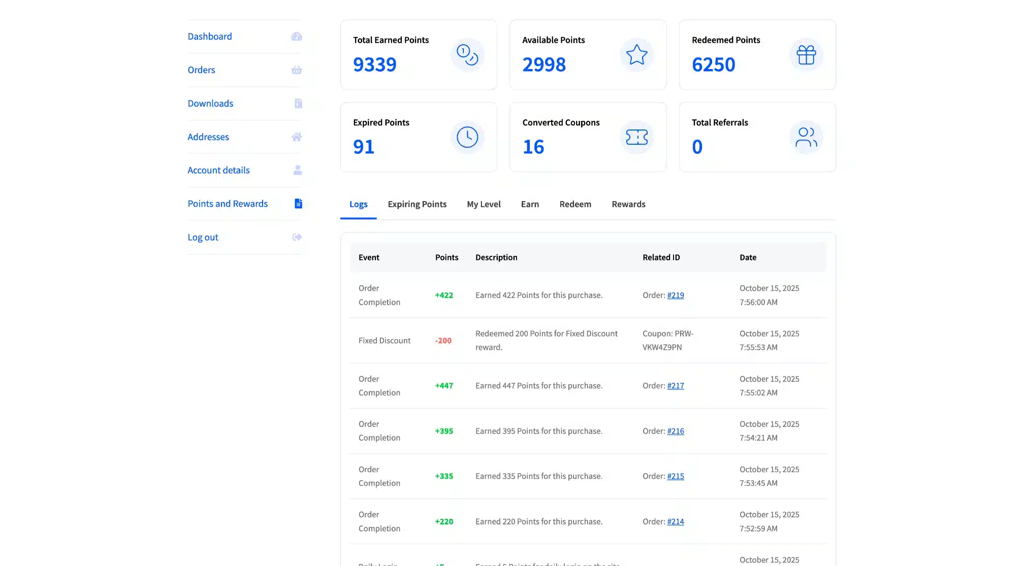 LoyaltyX Customer Dashboard Screenshot – WooCommerce Points and Rewards Plugin