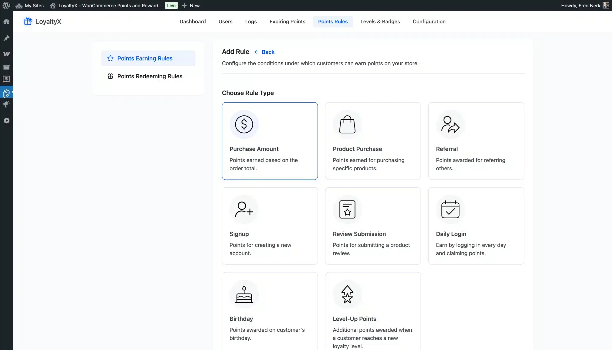LoyaltyX Different Earning Rule Types Screenshot – WooCommerce Points and Rewards