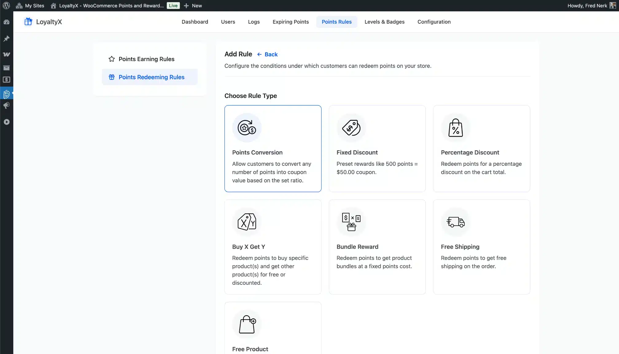 LoyaltyX Different Redeeming Rule Types Screenshot – WooCommerce Rewards Plugin