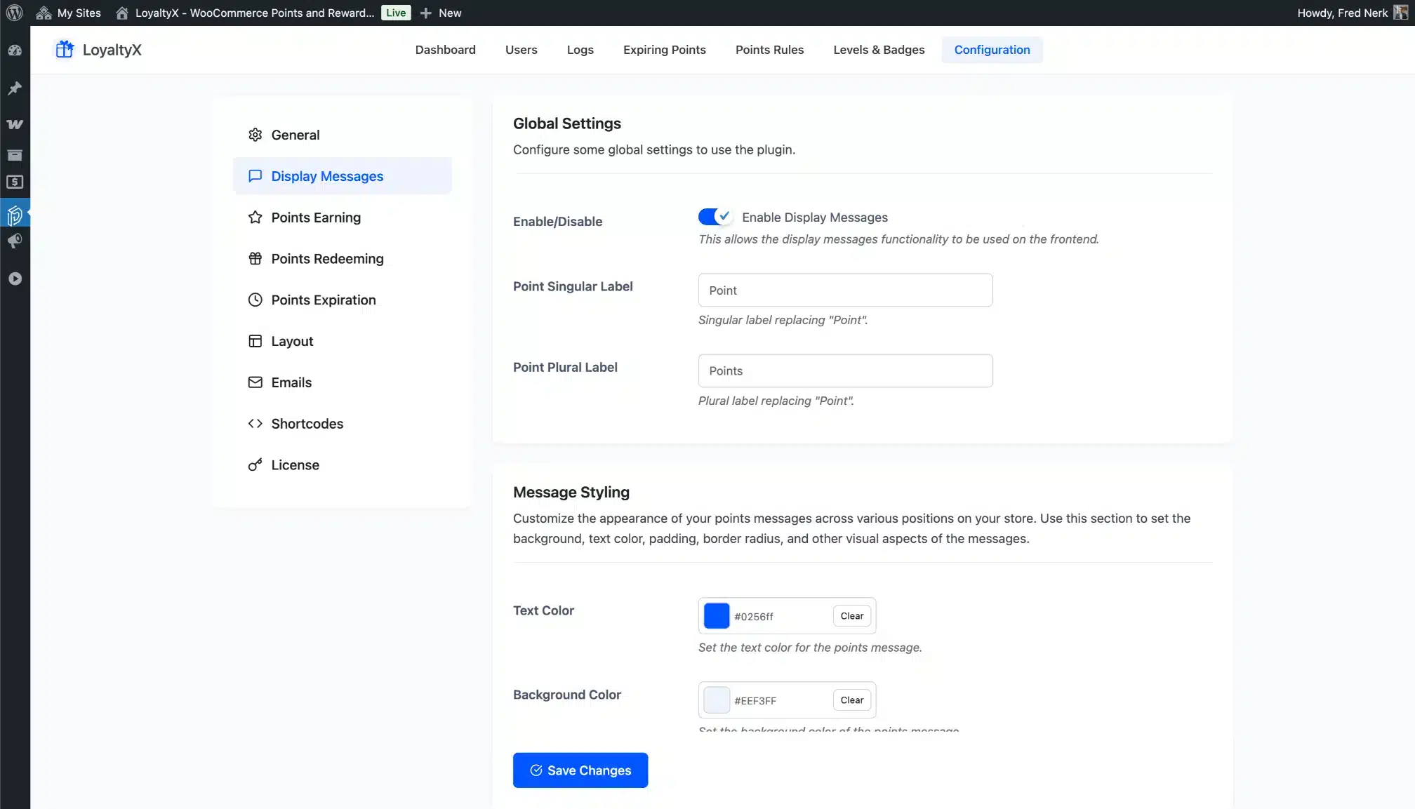 LoyaltyX Display Messages Configuration Screenshot – WooCommerce Loyalty Plugin