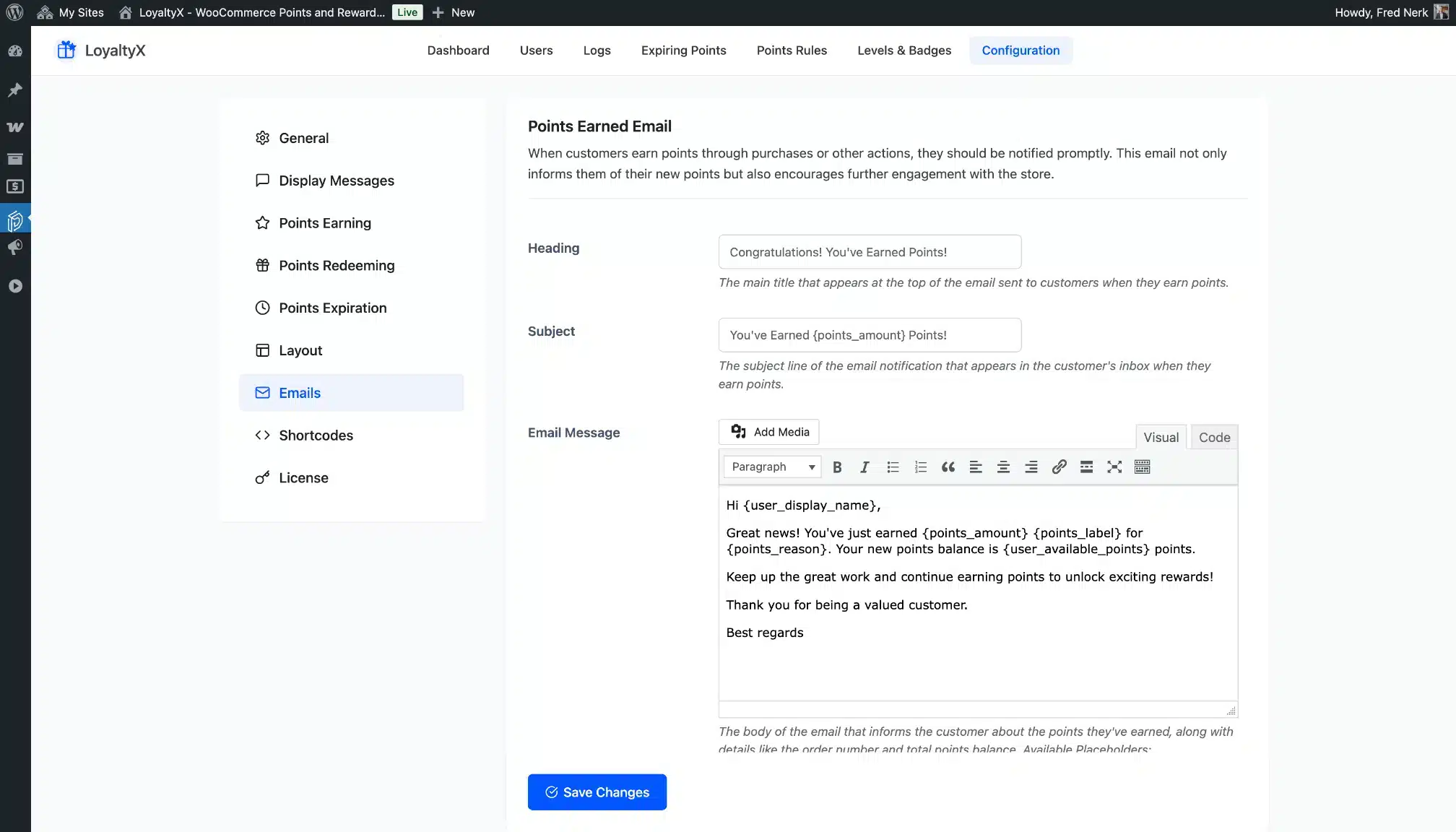 LoyaltyX Emails Configuration Screenshot – WooCommerce Rewards Plugin