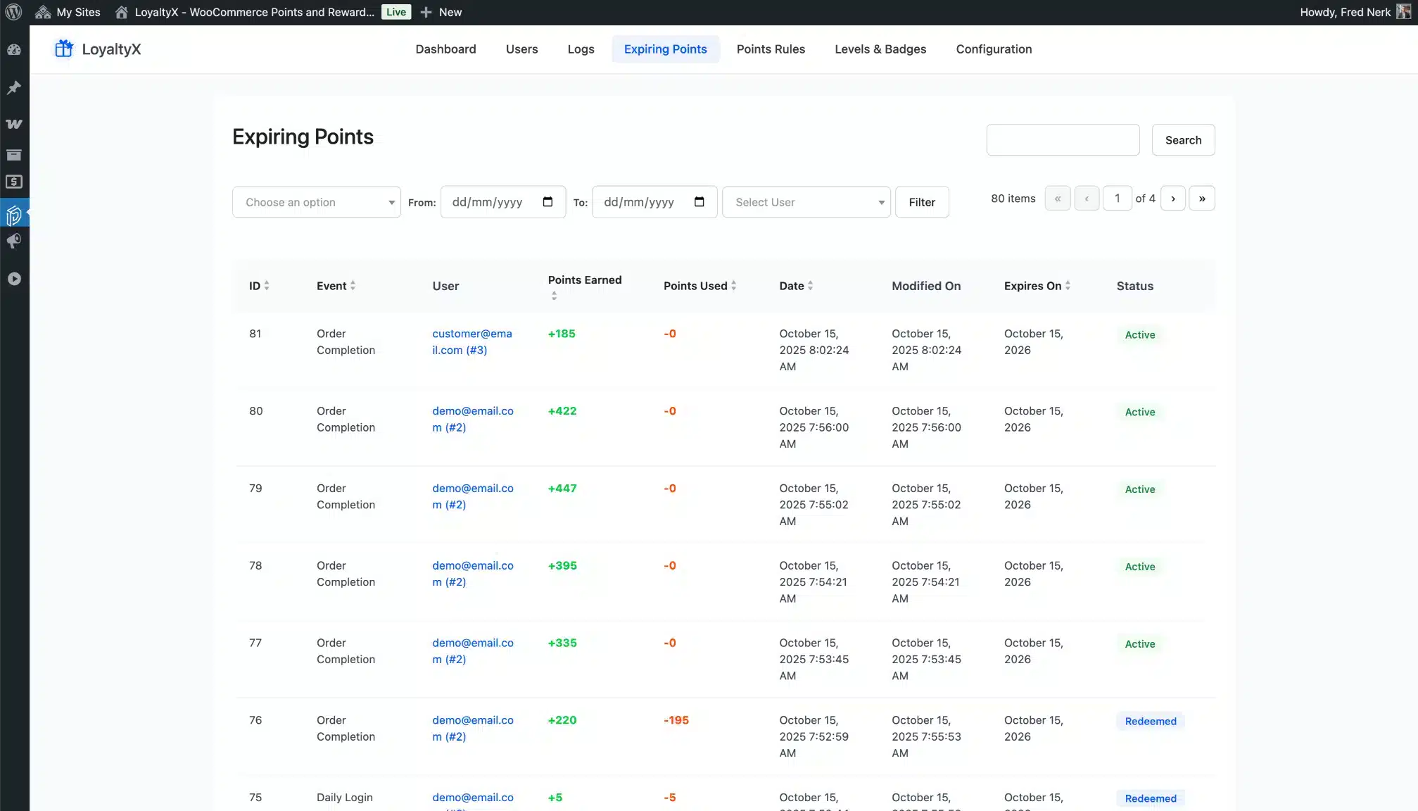 LoyaltyX Expiring Points Screenshot – WooCommerce Rewards Plugin