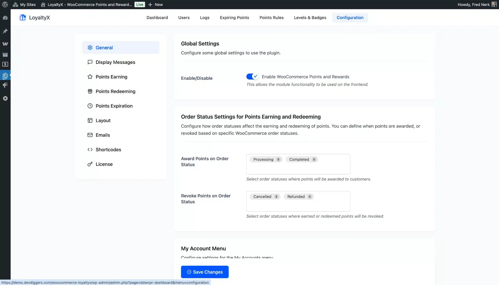 LoyaltyX General Configuration Screenshot – WooCommerce Points and Rewards Plugin