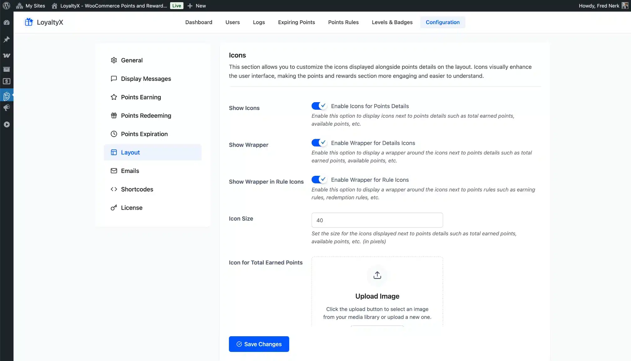 LoyaltyX Layout Configuration Screenshot – WooCommerce Points and Rewards Plugin