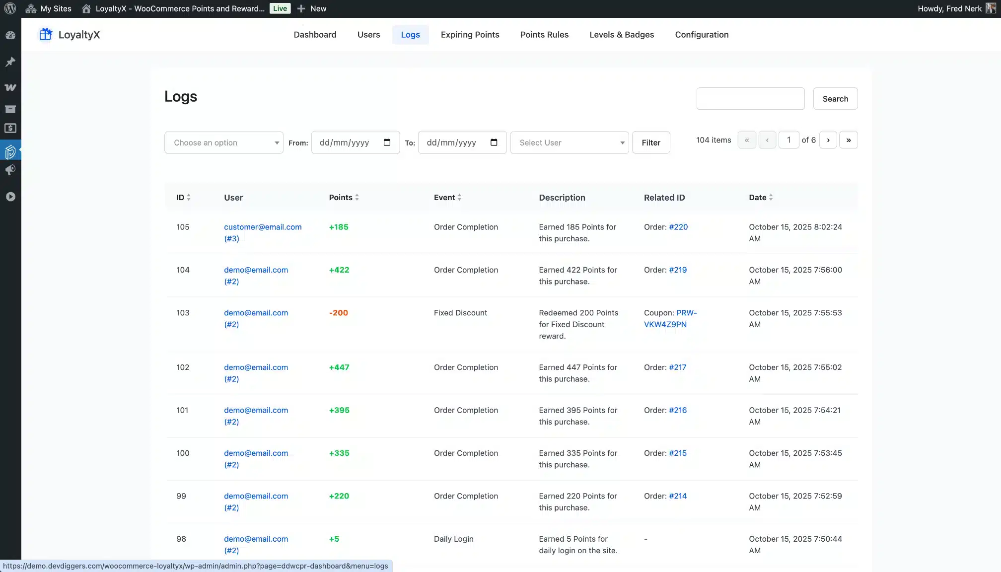 LoyaltyX Activity Logs Screenshot – WooCommerce Loyalty Plugin