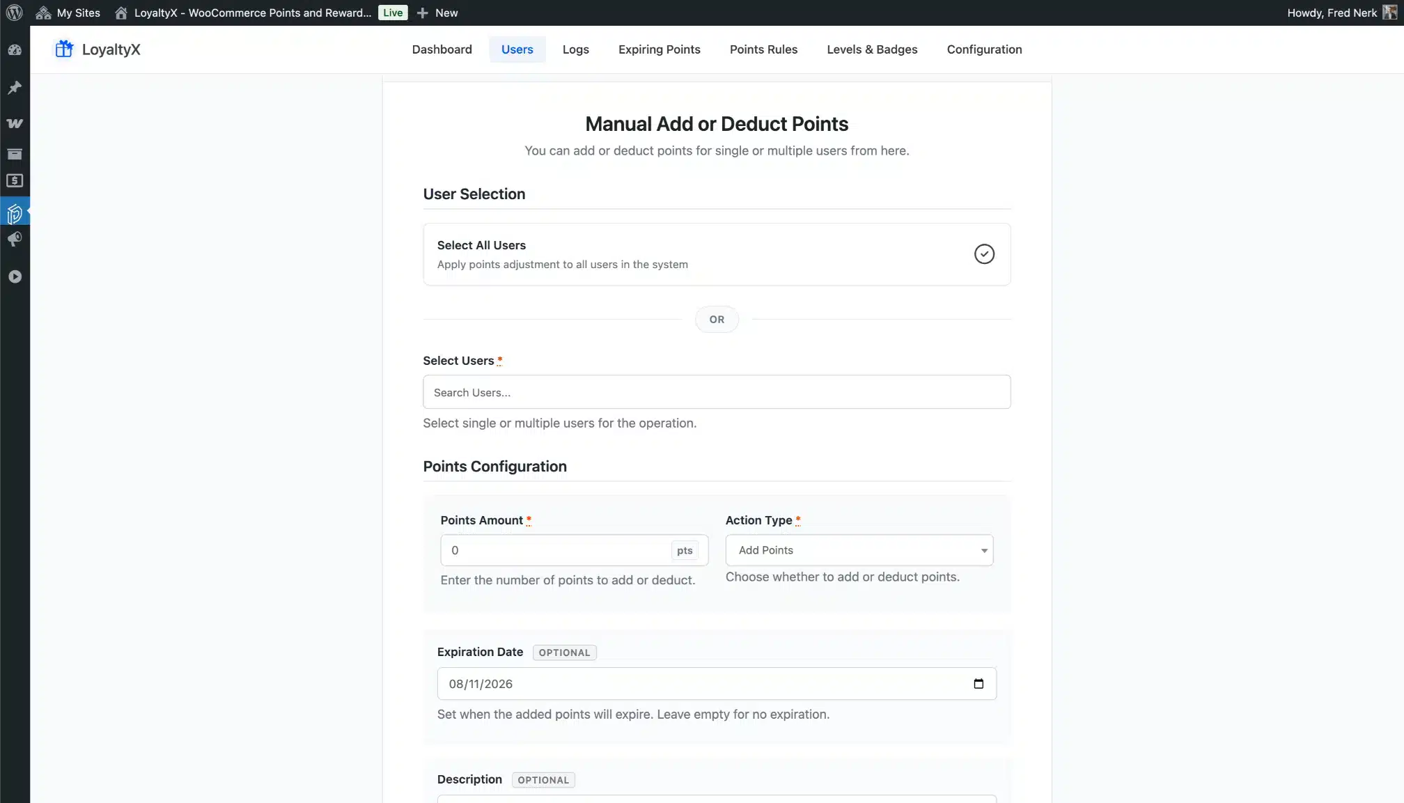 LoyaltyX Manual Points Adjustment Screenshot – WooCommerce Points Plugin