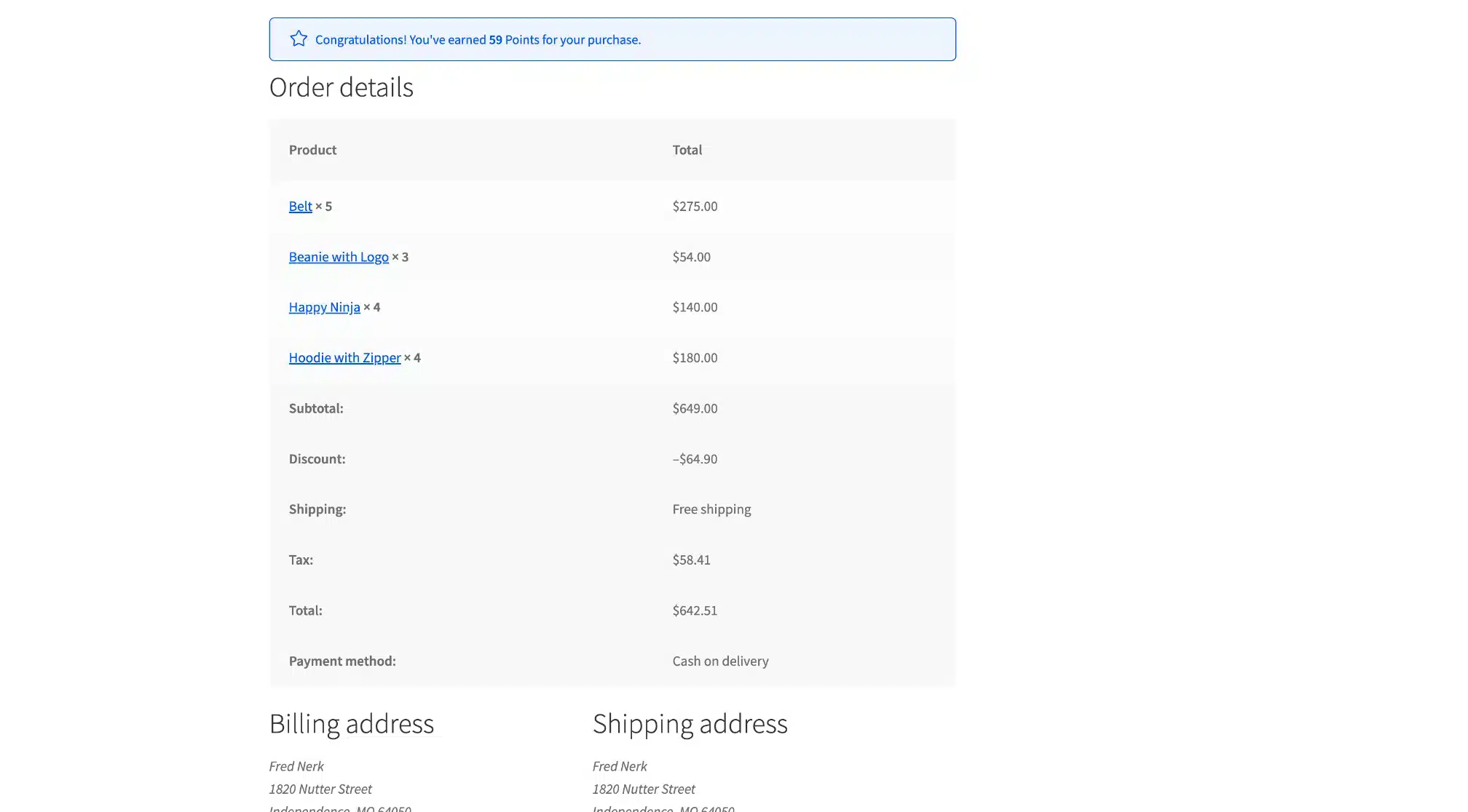 LoyaltyX Order Confirmation Points Message Screenshot – WooCommerce Loyalty Plugin