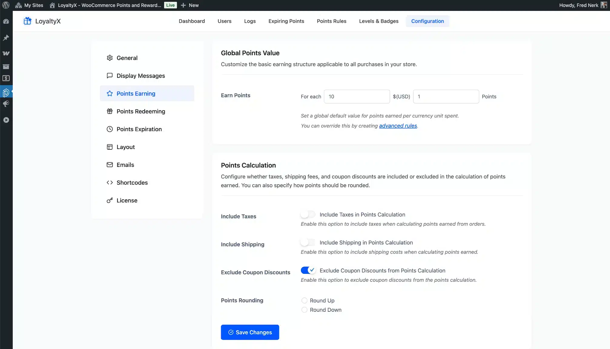 LoyaltyX Points Earning Configuration Screenshot – WooCommerce Rewards Plugin
