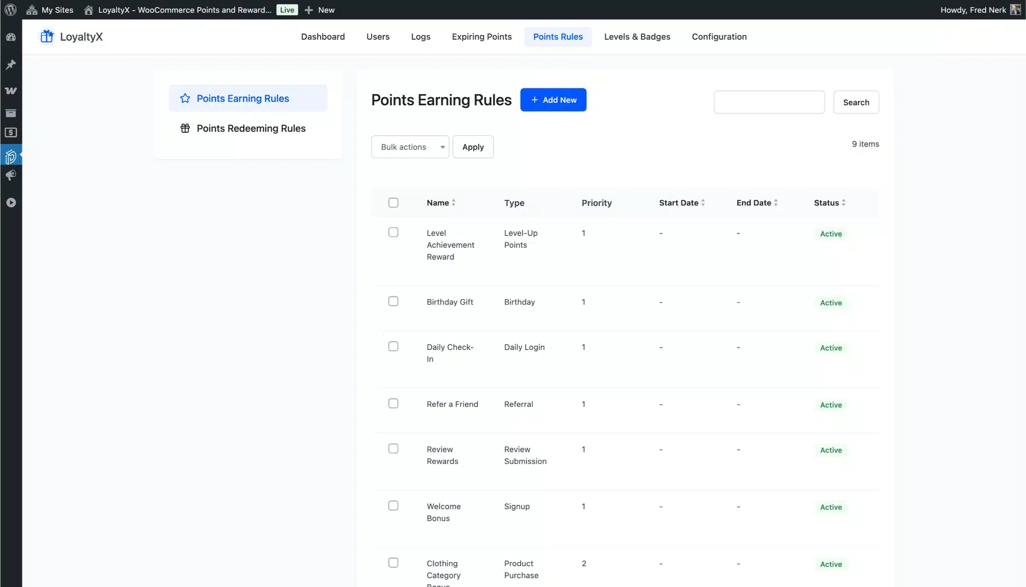 LoyaltyX Points Earning Rules Screenshot – WooCommerce Rewards Plugin