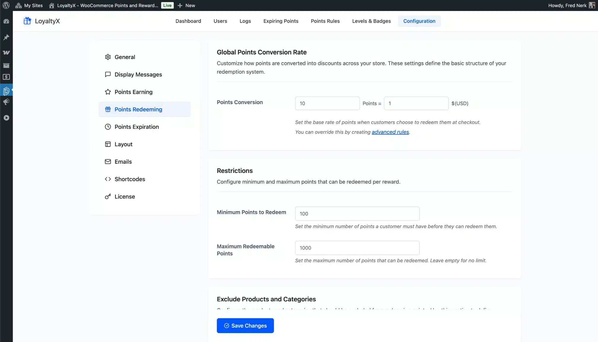 LoyaltyX Points Redeeming Configuration Screenshot – WooCommerce Points Plugin