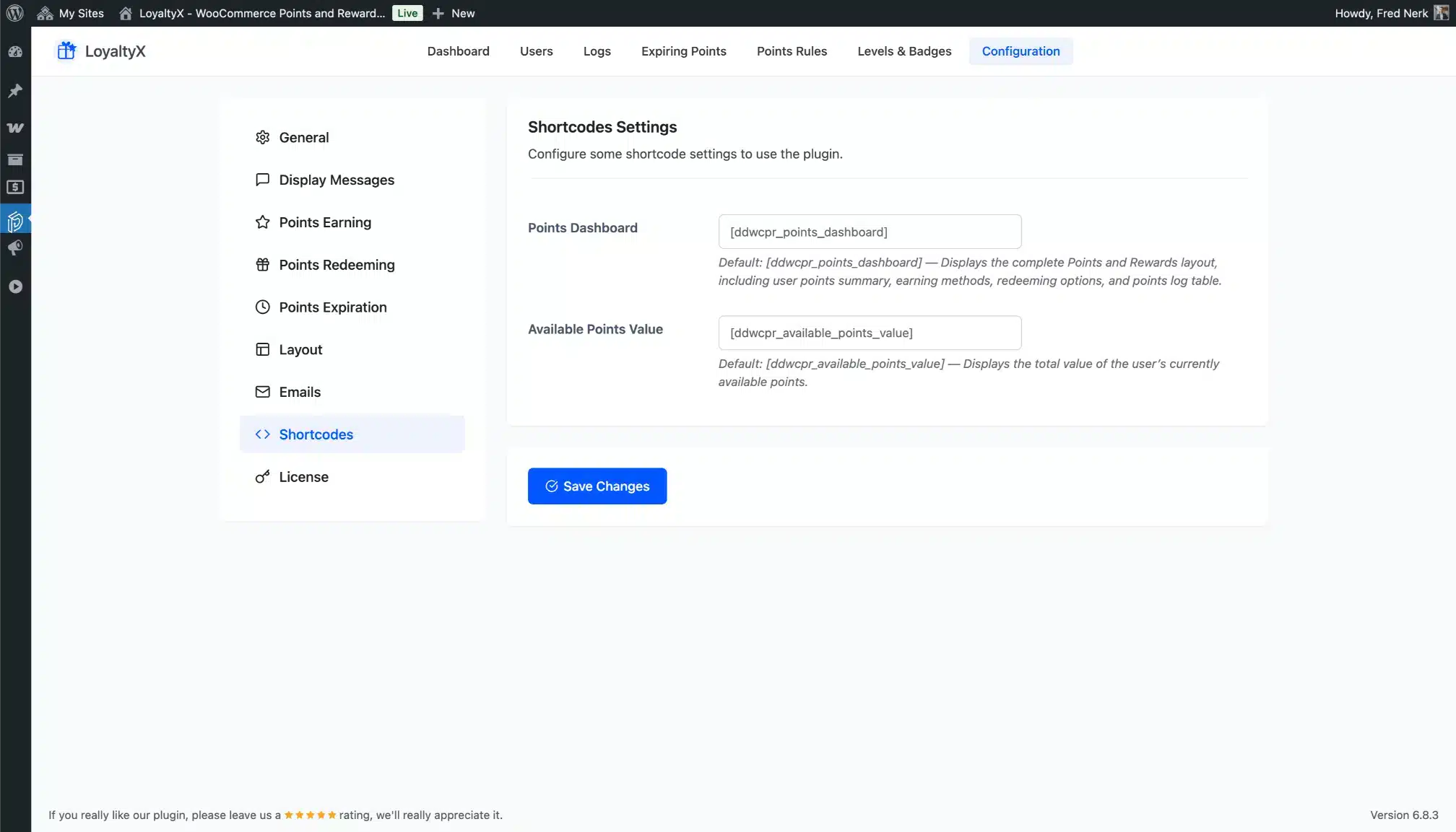 LoyaltyX Shortcodes Configuration Screenshot – WooCommerce Points Plugin