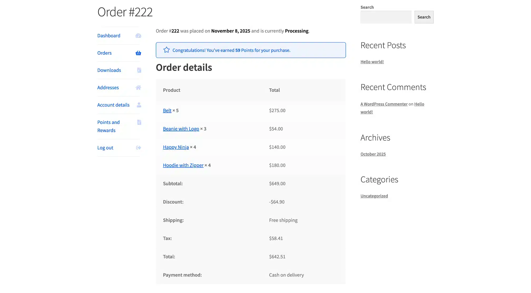 LoyaltyX View Order Points Message Screenshot – WooCommerce Points and Rewards Plugin