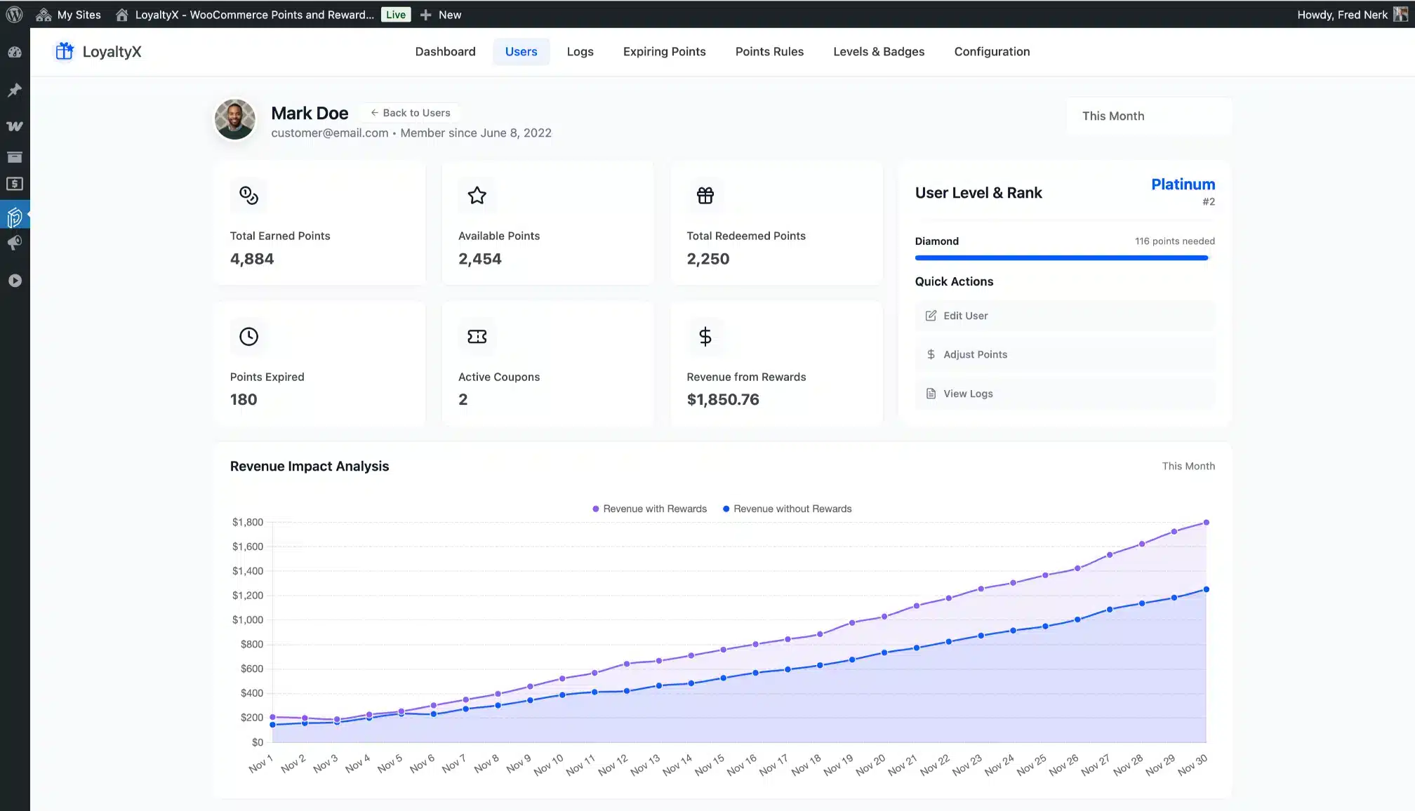 LoyaltyX User Dashboard Screenshot – WooCommerce Loyalty Plugin