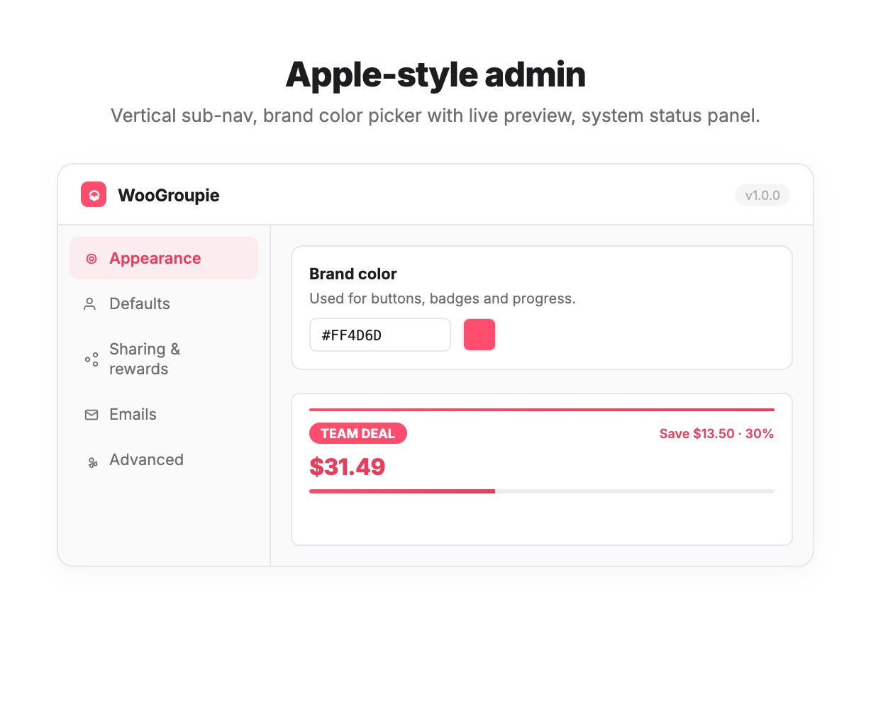WooGroupie-Administrator – Einstellungen im Apple-Stil mit Markenfarbauswahl und Live-Vorschau
