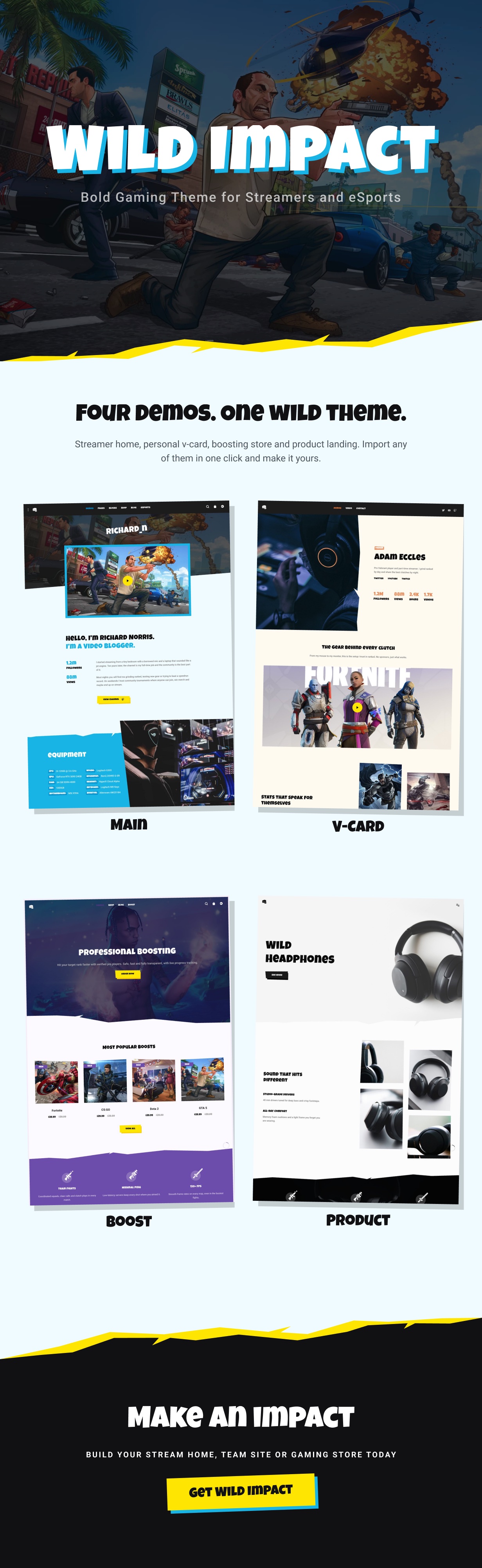 Wild Impact ist ein auffälliges WordPress-Theme für Streamer, E-Sport-Teams und Gaming-Shops
