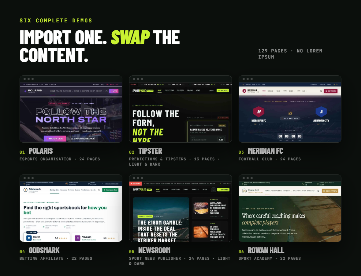 SportPulse-Demos – Polaris eSports, Tipster, Meridian FC, Oddsmark-Wettpartner, Newsroom, Rowan Hall Academy