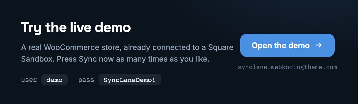 Probieren Sie die SyncLane-Live-Demo aus – einen echten WooCommerce-Shop, der mit einer Square Sandbox verbunden ist
