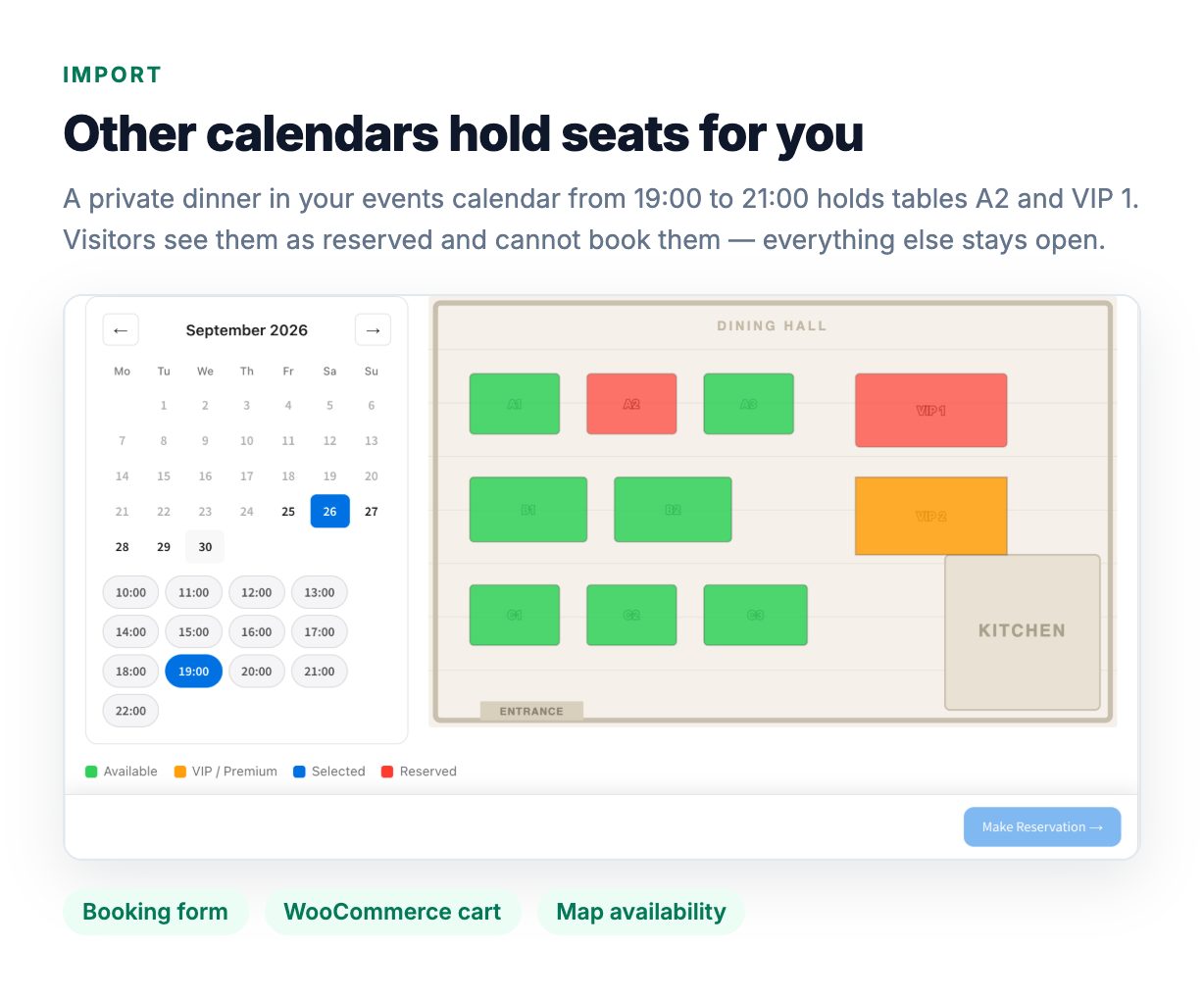 Der importierte Kalender enthält die Tische A2 und VIP 1 auf dem Sitzplan