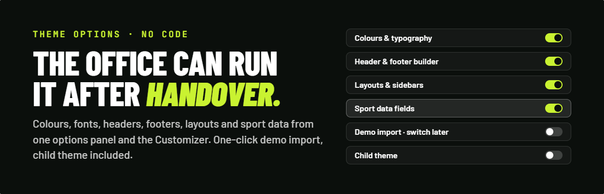 SportPulse Theme-Optionen-Panel und Ein-Klick-Demo-Import
